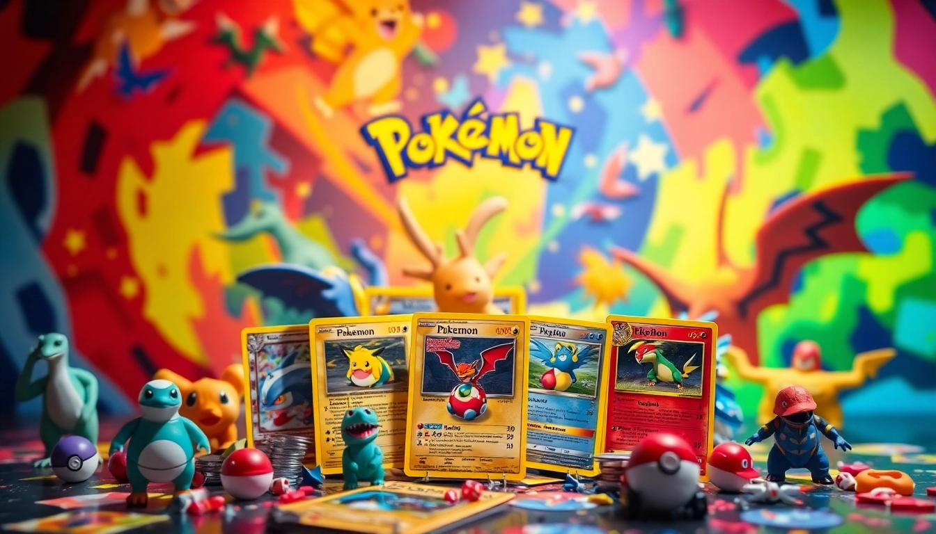 Discover Pokemon cards india with a stunning display of collectible cards surrounded by vibrant Pokémon figures.