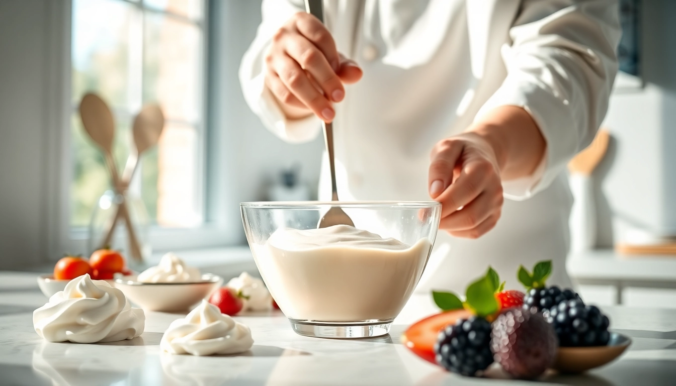 Maak mousseline met een chef-kok in een moderne keuken vol frisse ingrediënten.