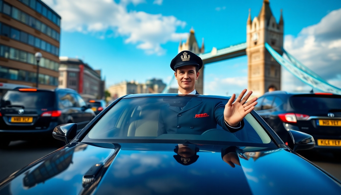 Experienced london chauffeur welcoming clients outside a luxury car near iconic London landmarks.