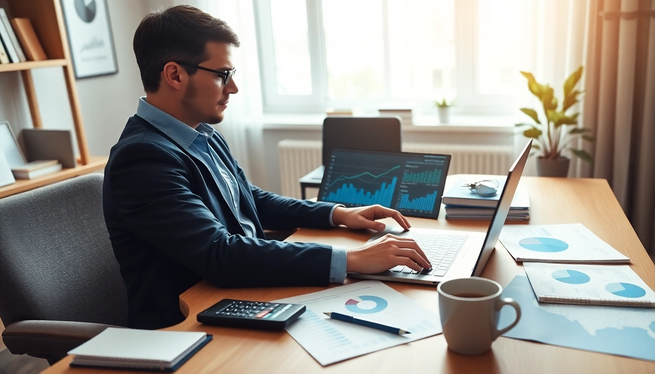 Displaying efficient monthly accounting services with an accountant reviewing financial reports.