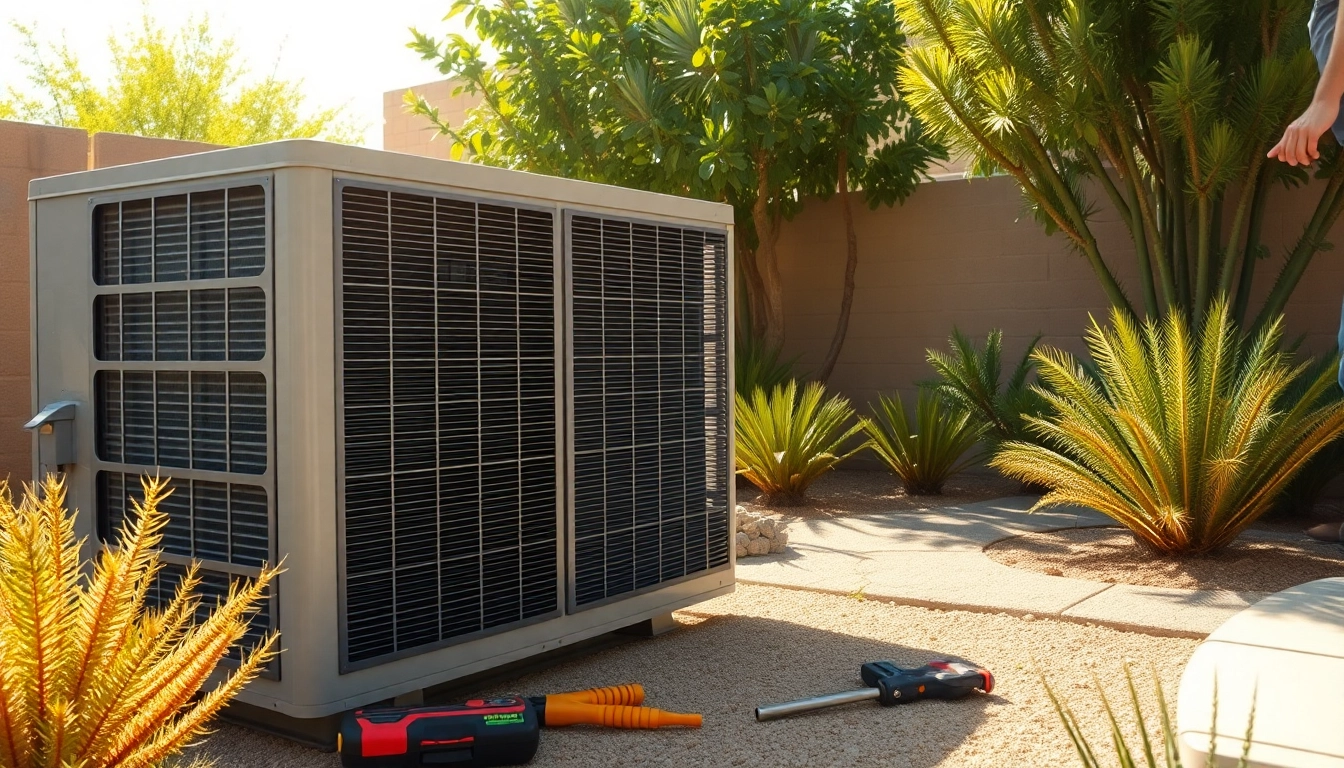 Technician conducting ac repair phoenix az with expertise in a sunny backyard.