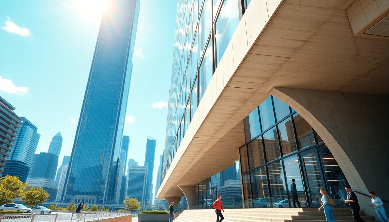 Eine beeindruckende architektur visualisierung mit futuristischem Gebäudedesign und lebendiger Stadtszenerie.